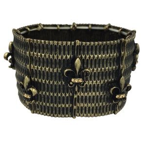 Small Fit Wide Panel Fleur De Lis Burnished Gold Tone Stretch Bracelet
